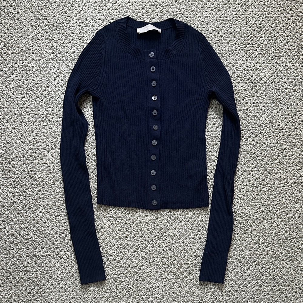 Everlane navy ribbed button down cropped top XXS